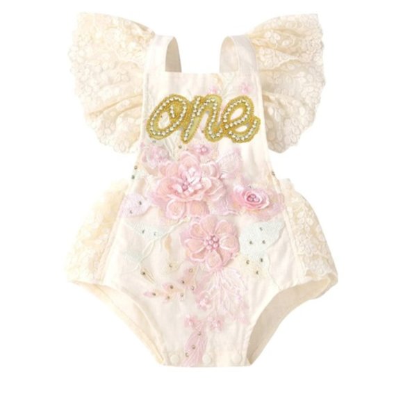 Pink Florals Romper first Birthday Outfit Lace Dress Easter Birthday Smash cake